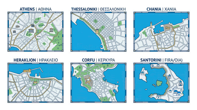 Stylized city maps of major greek travel destinations and islands