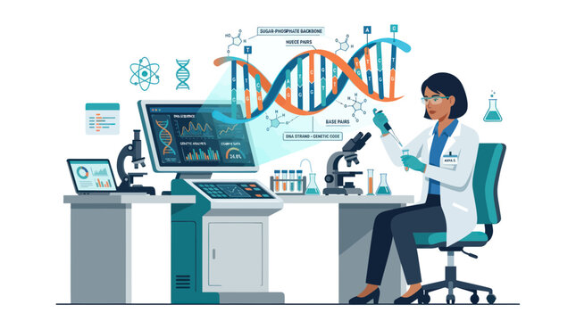 Female scientist conducting genetic research with dna helix model