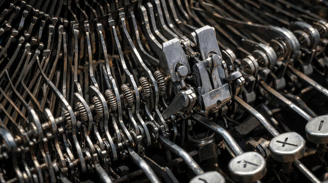 Detailed macro view of vintage typewriter mechanisms, showing rows of metal typebars, coiled springs, levers, and round keys in a dark industrial arrangement with weathered textures