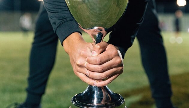 An enthusiastic unidentifiable sports fan raises a gleaming gold trophy high in celebration, capturing the raw emotion of victory and the culmination of hard work in a dramatic studio setting.