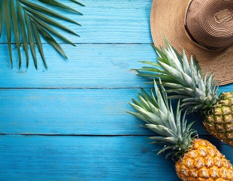 summer vacation background concept pineapples and palm branch on wood plank blue color top view copy space