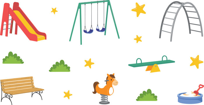 Children Playground Element Vector Set with Slide, Swing, Seesaw, Monkey Bars, Sandbox, Park Bench, and Spring Horse Rider Illustration
