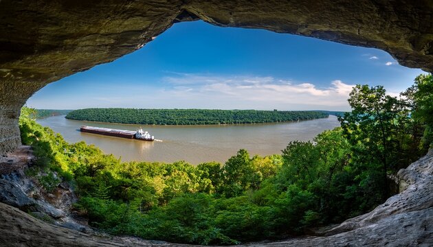 an ohio river barge is viewed from cave in rock a natural cavern and main attraction of its namesake illinois state park the cave in a limestone bluff is said to have been a piratesr hideout