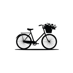 Fototapeta premium Bicycle illustrated as a solid black silhouette features a basket overflowing with floral accents and provides a versatile graphic asset for creative layouts on a plain white surface.