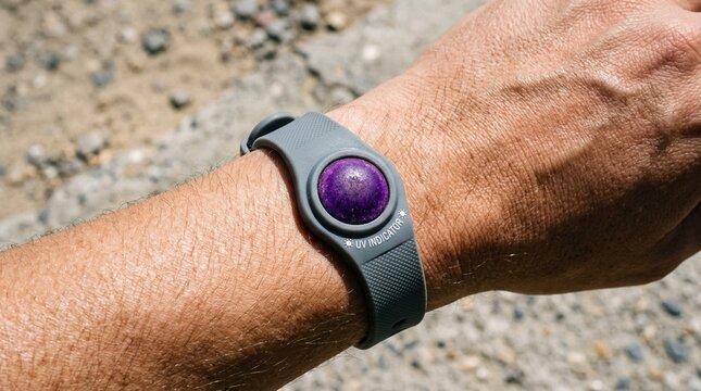 Close-up of UV-reactive sensor wristband changing color under sunlight