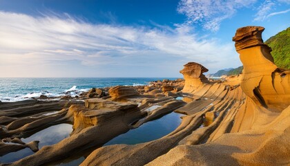Naklejka premium beautiful yehliu geopark on a sunny day new taipei city taiwan yehliu geo park features all sorts of strange looking rocks it is part of datun mountain that stretches out to the sea