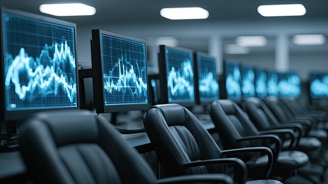 Rows of empty, dark blue chairs in front of screens displaying charts