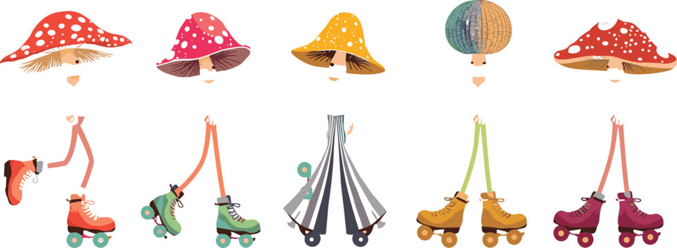 Cute cartoon mushroom character creator set with retro roller skates colorful fungus caps and long legs vector illustration isolated