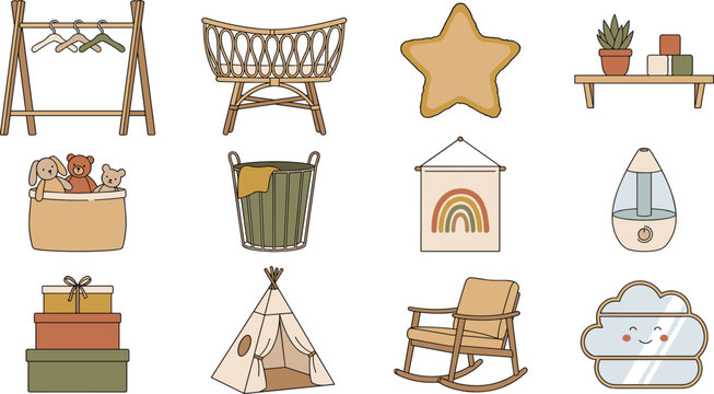Boho Nursery Furniture and Decor Icon Set Featuring Baby Room Essentials, Scandinavian Interior Elements, and Cute Vector Illustrations