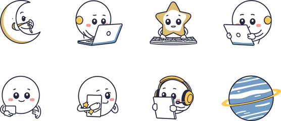 Cute cartoon space planet character set working on laptops tablets and typing on keyboards vector illustration isolated on white © Sreemotimadhobi