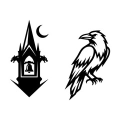 Fototapeta premium Gothic clock tower and raven silhouette icon set with halloween, cemetery