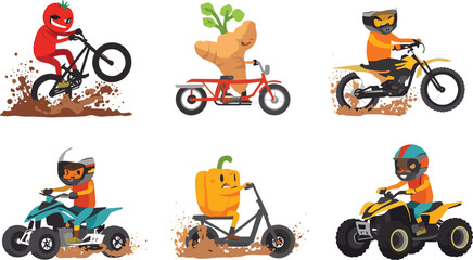 Cute cartoon vegetable characters riding off road vehicles featuring mountain bike dirt bike quad ATV and mud splash vector illustration © Sreemotimadhobi