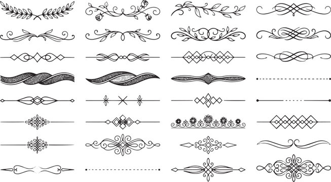 Set of vintage ornamental dividers and borders decorative elements for graphic design resources floral patterns.