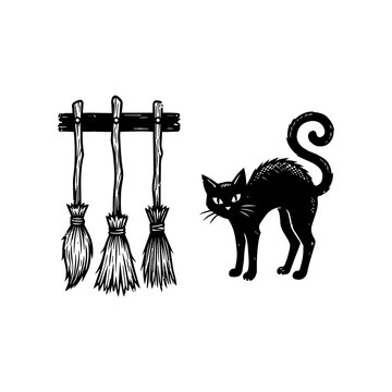Witch broomsticks and arched back frightened cat halloween graphic with isolated
