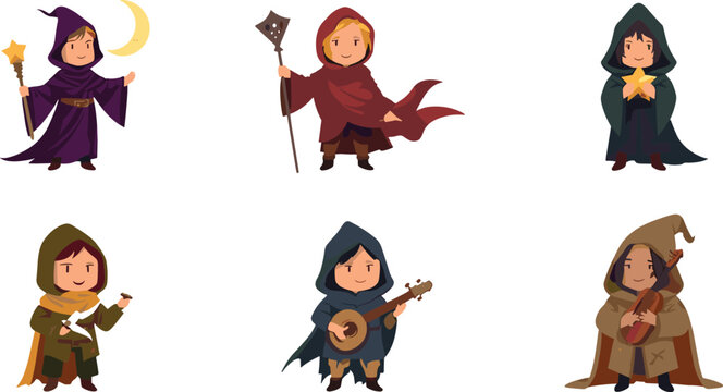 Cute fantasy RPG adventurer cartoon character set with little wizard mages cloaked rogues and bards playing music vector illustration