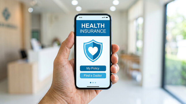 Health insurance app on smartphone held in hand, medical policy digital service on mobile screen, healthcare technology in hospital lobby