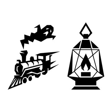 Ghost train and vintage railway lantern black silhouette graphic icons