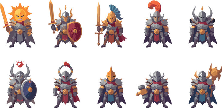 Cute medieval knight cartoon character set with fantasy RPG warriors holding golden swords shields warhammers and maces vector illustration isolated