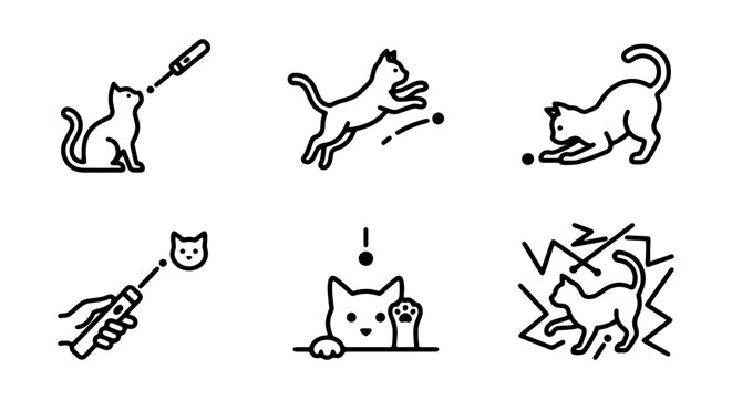 Playful cat vector icons, feline pet activities, kitten playing with laser pointer, black outline animal graphics