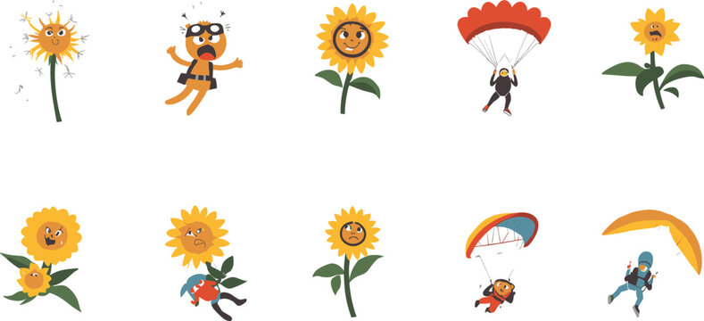 Cute sunflower cartoon emoji set with funny paragliders skydiving parachutists and blowing dandelion seeds vector illustration isolated