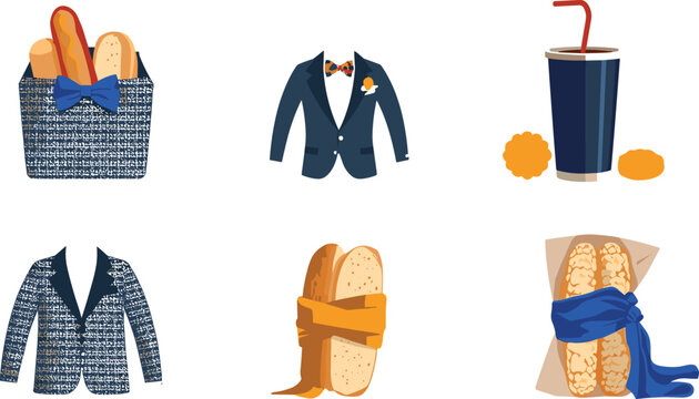 Elegant lifestyle and bakery flat vector icons featuring stylish tuxedo jackets bow tie fresh bread baguettes wrapped in ribbons and refreshing drinks