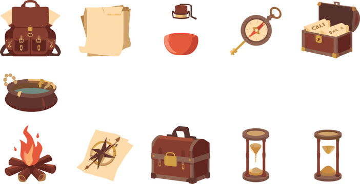 Fantasy RPG adventure quest flat icons set featuring old leather backpacks treasure chest parchment map hourglass compass campfire and exploration gear