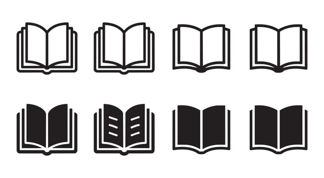 Set of eight book icons in outline and solid styles. Minimalist design for reading and learning symbols perfect for bookstore and education brands.