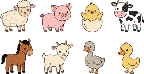 Fototapeta premium Cute Farm Animal Character Collection Featuring Adorable Livestock, Baby Barnyard Creatures, Cartoon Mascots, and Colorful Vector Illustration Set