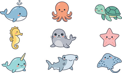 Cute Ocean Animal Character Collection Featuring Adorable Marine Creatures, Cartoon Sea Life Mascots, and Playful Underwater Vector Illustrations © MdNazmul