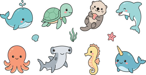 Cute Ocean Animal Character Collection with Adorable Marine Creatures, Sea Life Mascots, Kawaii Underwater Animals, and Cartoon Vector Illustration Set © MdNazmul