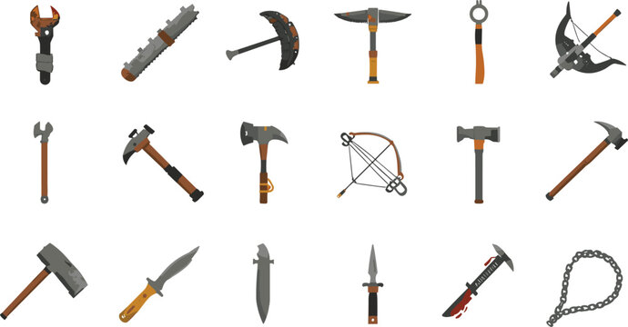 Post apocalyptic weapons and survival tools icon set including rusty axes hammers machete combat knives crossbow scythe spiked club and chain vector illustration