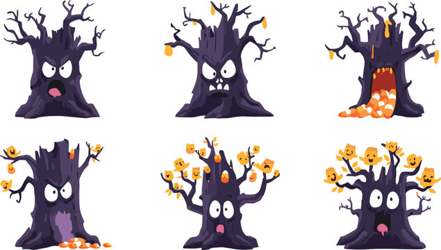 Spooky haunted tree cartoon character set with scary expressions candy corn spilling and little ghost elements vector illustration isolated