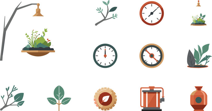 Vintage steampunk botanical greenhouse icon set with hanging plants clockwork timers green leaves and watering pump vector illustration isolated