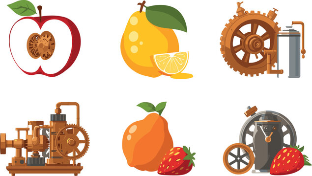 Vintage steampunk botanical icon set featuring half apple with gear core engine valves and fresh fruits vector illustration isolated