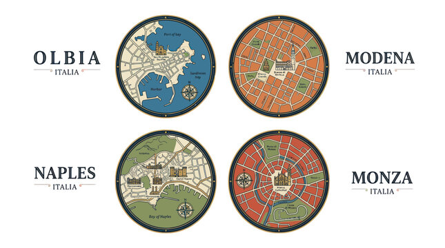 Circular vintage maps of italian cities naples modena olbia and monza