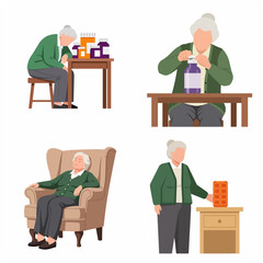 Fototapeta premium Senior elderly woman characters set with medication bottles, pills, and fatigue illustrations, concept of aging health care and elderly medicine management.