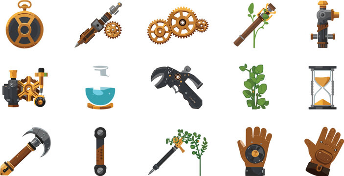 Vintage steampunk engineering icon set with brass gears pocket watch leather gloves tools and green plants vector illustration isolated