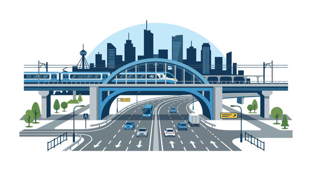 Urban transportation network with train bridge and highway traffic
