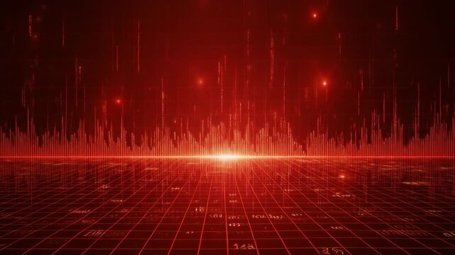 Red digital grid floor, data graph & falling characters