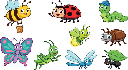 Cute cartoon insect vector illustration set featuring happy honeybee ladybug butterfly caterpillar grasshopper dragonfly and ant isolated on white background © MdMehedi
