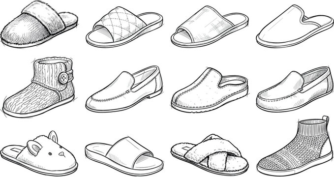 Slippers hand drawn sketch vector illustration set featuring cozy house shoes fuzzy slides bootie slippers and loafers isolated on white