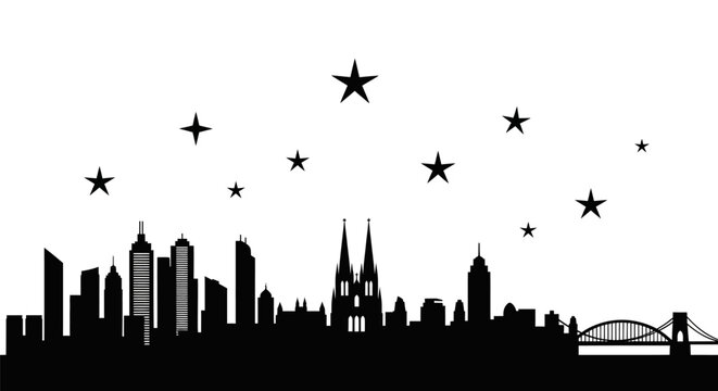 Black and white silhouette of the Cologne city skyline with stars.