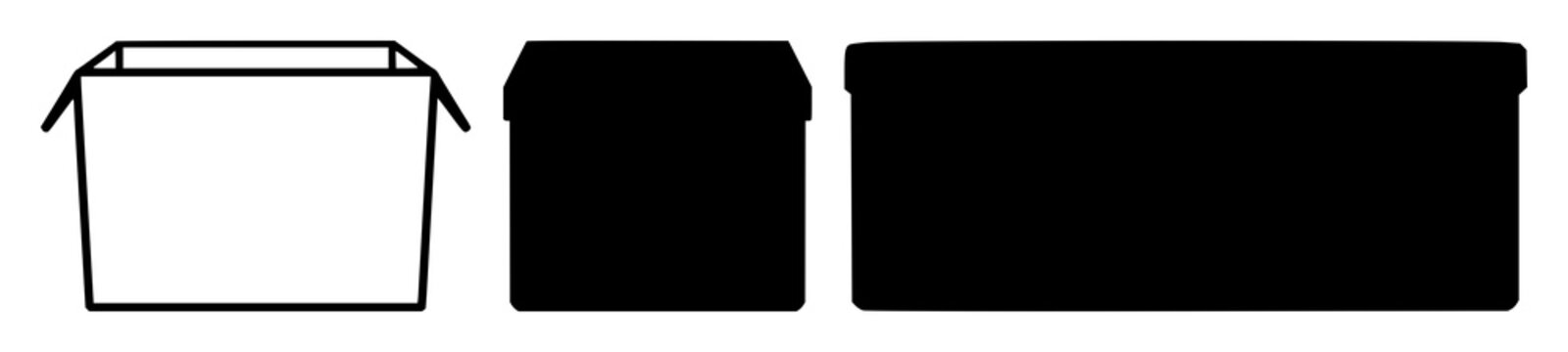 Container software box icon set with solid black silhouette on white background featuring container, software, box icon design with line art and flat style