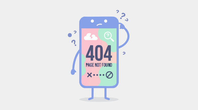Cartoon smartphone character with 404 Page Not Found error on screen