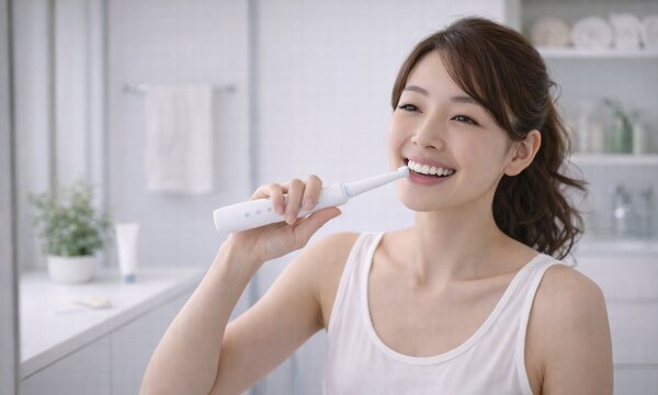 洗面所で電動歯ブラシを使って歯磨きをする笑顔の若い女性