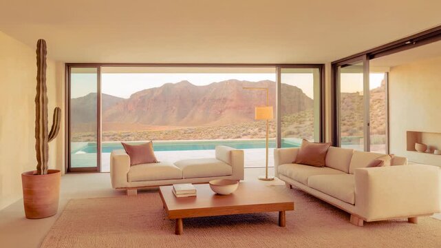 Serene desert living room with minimalist beige sofas and wooden coffee table in natural light