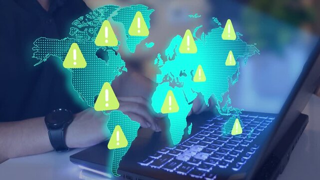 Geopolitical risk analysis. Risk management for global business. World map and warning triangle icons. 