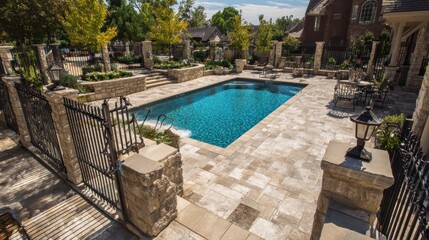 Fototapeta premium Luxury backyard swimming pool with stone patio and wrought iron fence