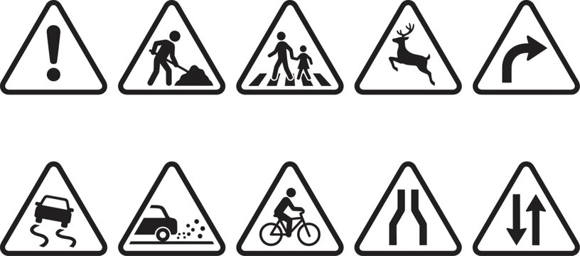 Collection of black and white road traffic warning signs featuring various hazards like construction, pedestrians, animals, and slippery road