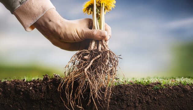 dandelion root exposed after pulling by hand lawncare gardening and plant root system concept